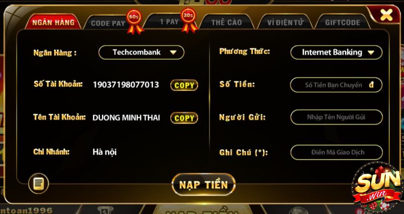 nạp tiền tại cổng game Yo88 qua thẻ ngân hàng